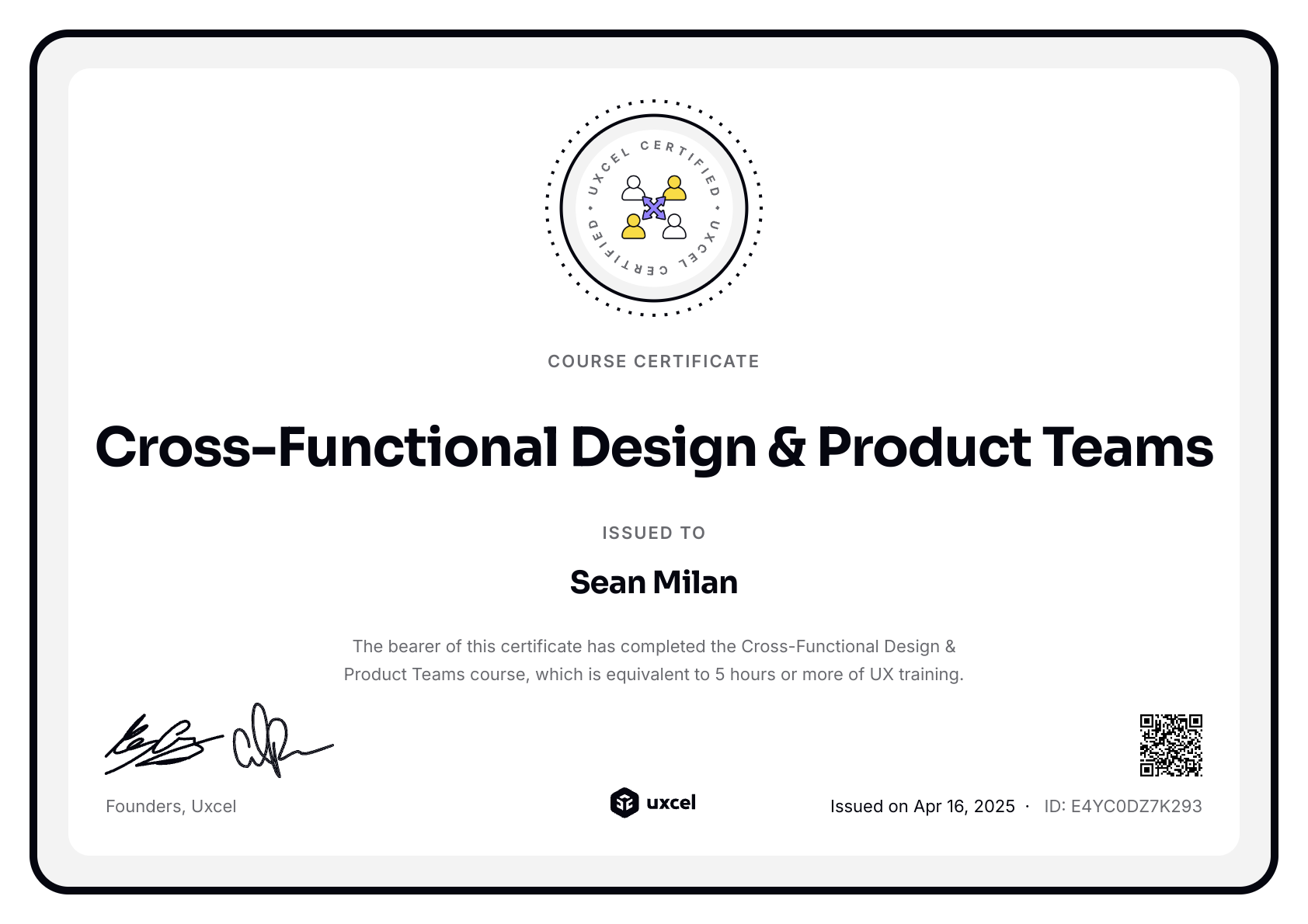 Sean Milan's certificate